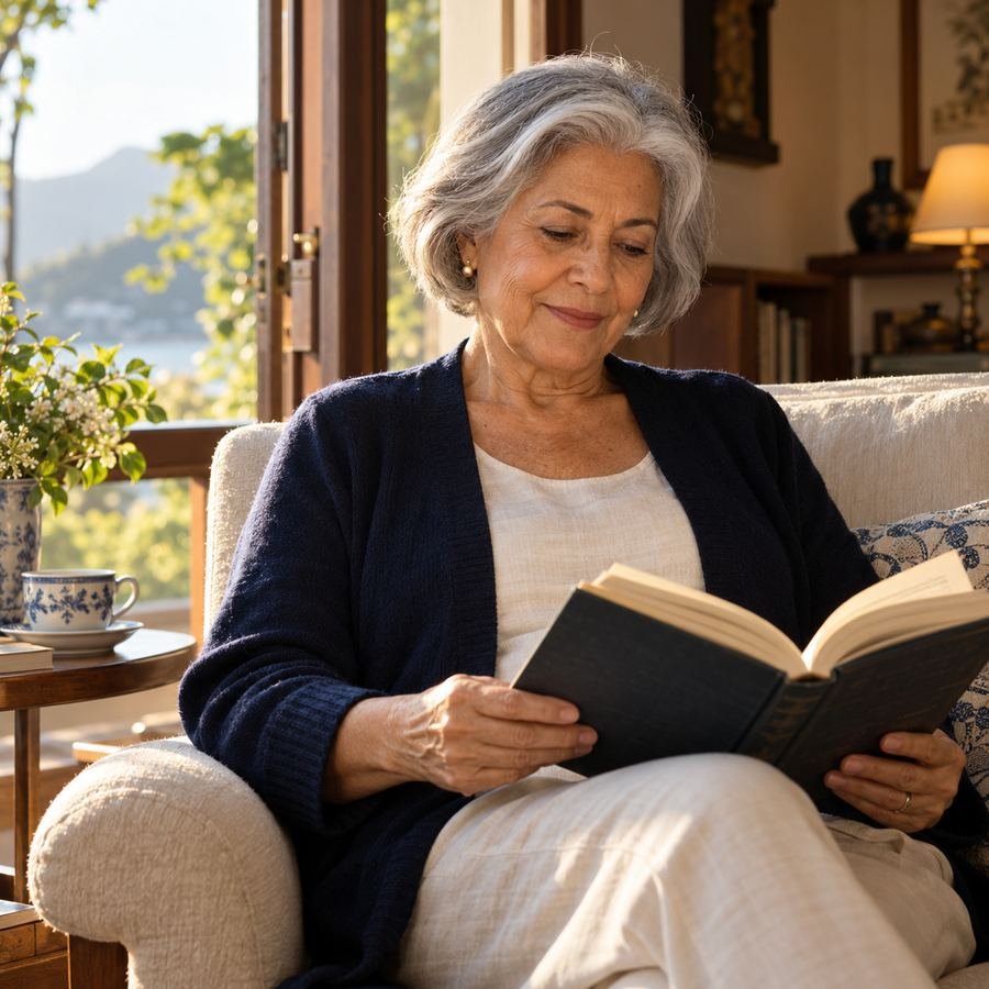 Senhora lendo um livro sem lupa