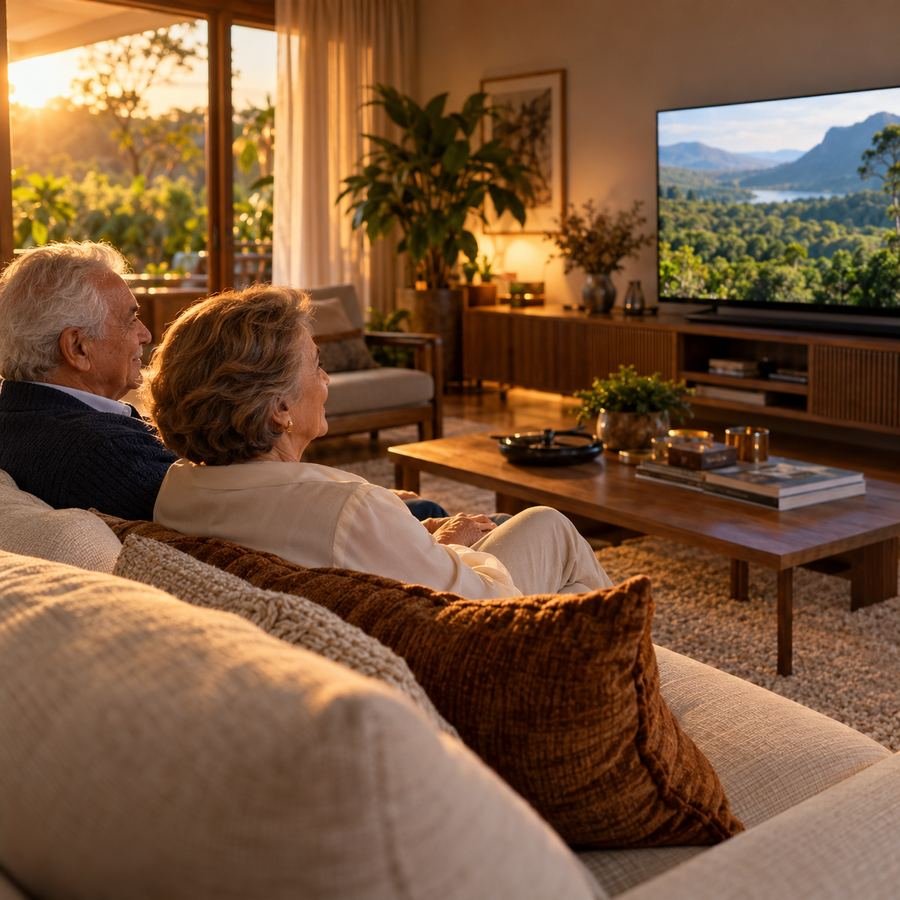 Casal assistindo TV de longe, no sofá