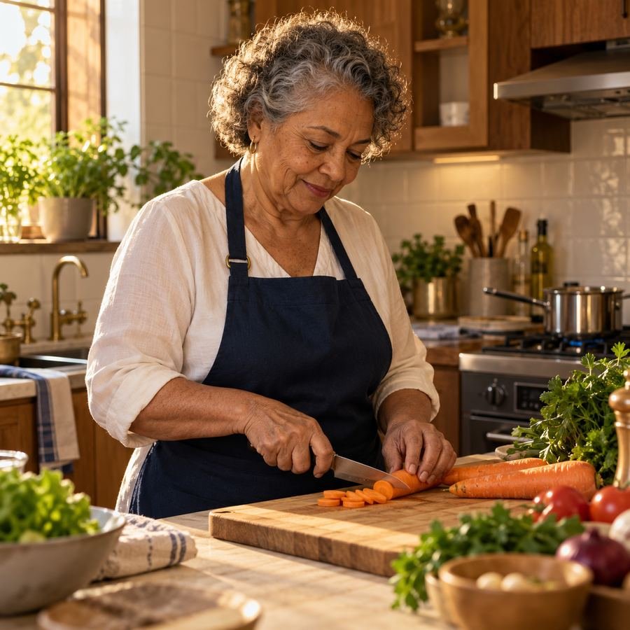 Senhora cortando legumes na cozinha