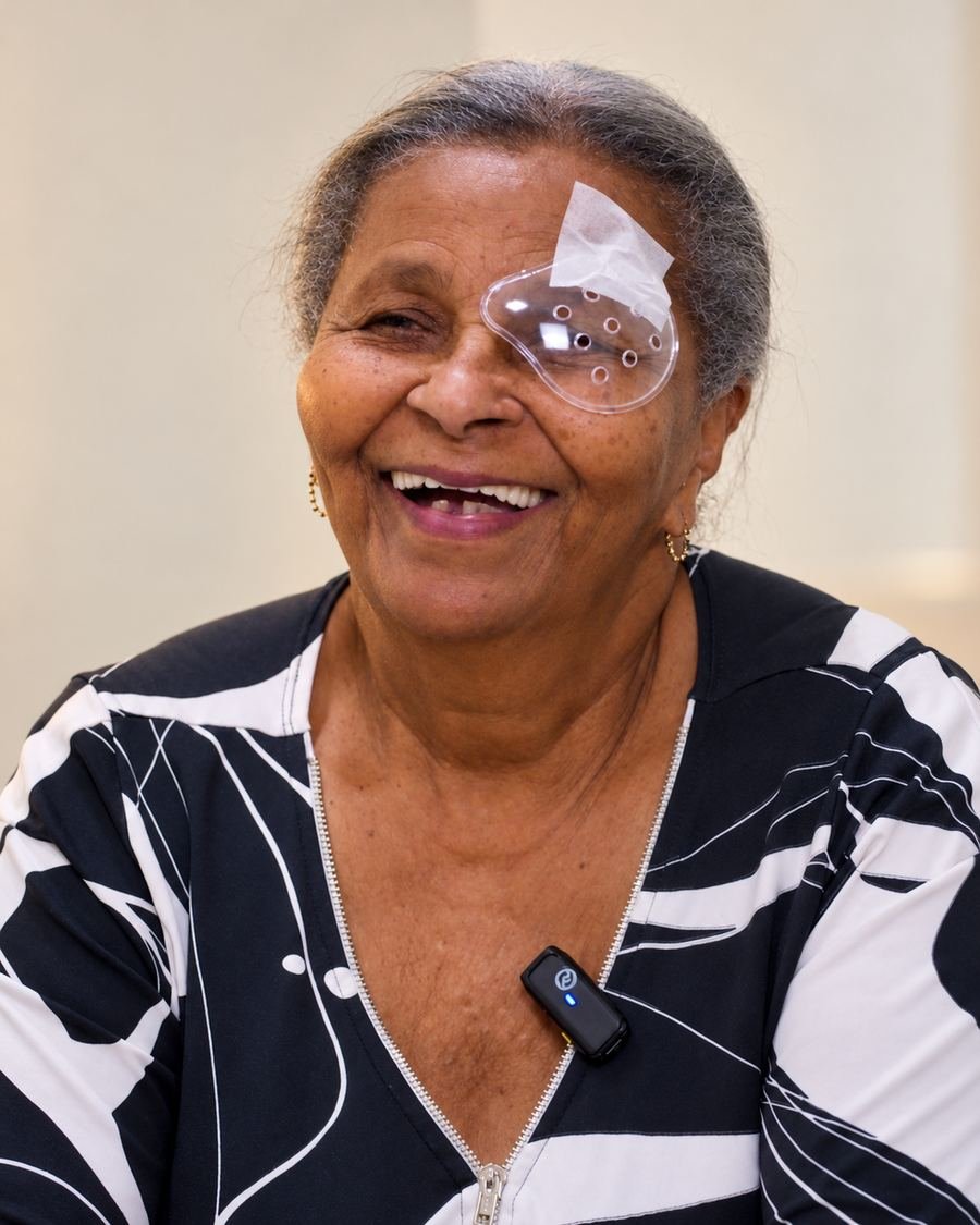 Paciente do Refrativa Center sorrindo, com protetor no olho