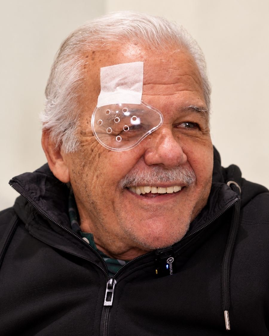 Paciente do Refrativa Center sorrindo, com protetor no olho