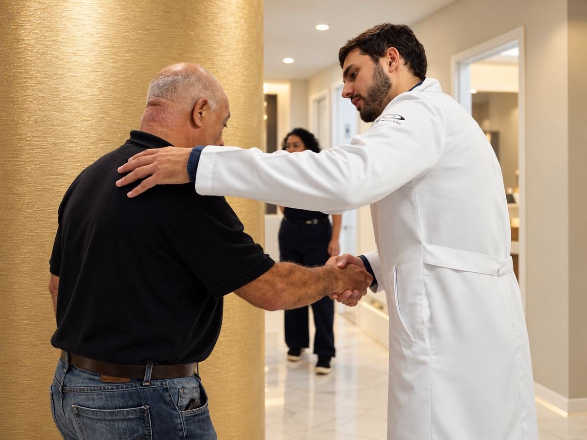 Médico do Refrativa Center recebe um paciente na chegada