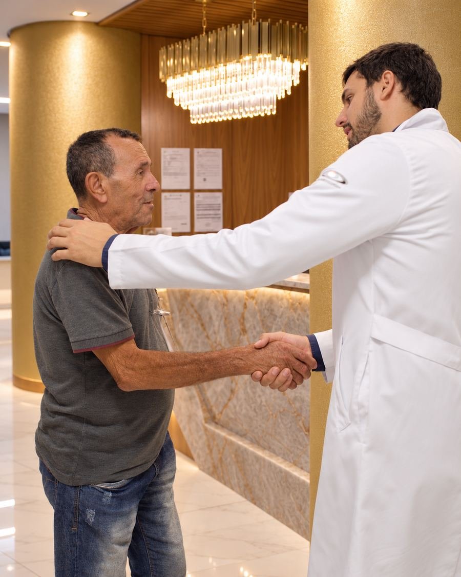 Médico do Refrativa Center cumprimenta um paciente na recepção